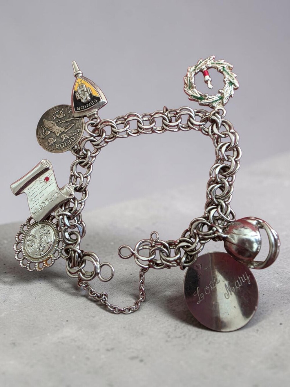 Vintage silver double-link charm bracelet